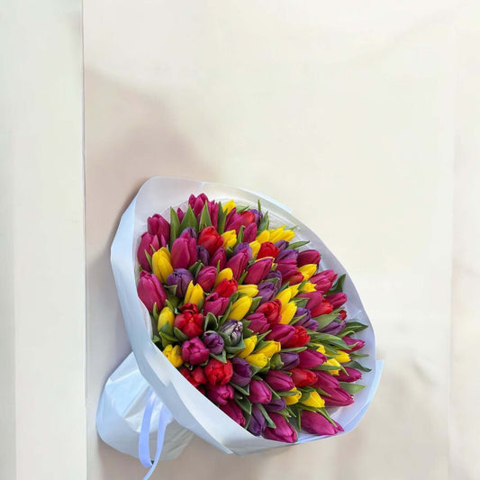 Large bouquet of 100 red yellow and purple tulips with free same day LA delivery
