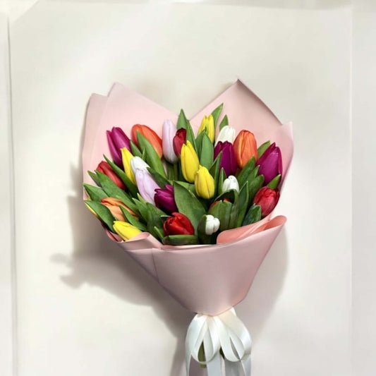 Bouquet of 25 mixed tulips – white, pink, yellow – same day flower delivery in Los Angeles