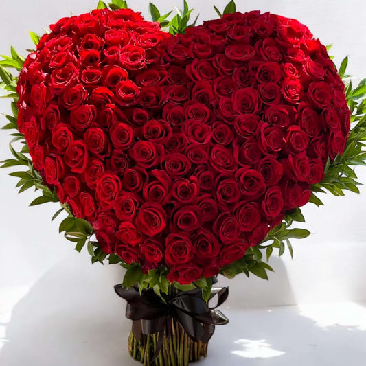 Heart-shaped bouquet of 100 red roses with same day flower delivery Los Angeles
