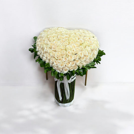 Heart-shaped white roses floral arrangement with same day delivery in Los Angeles – elegant bouquet for sympathy, love, and special occasions