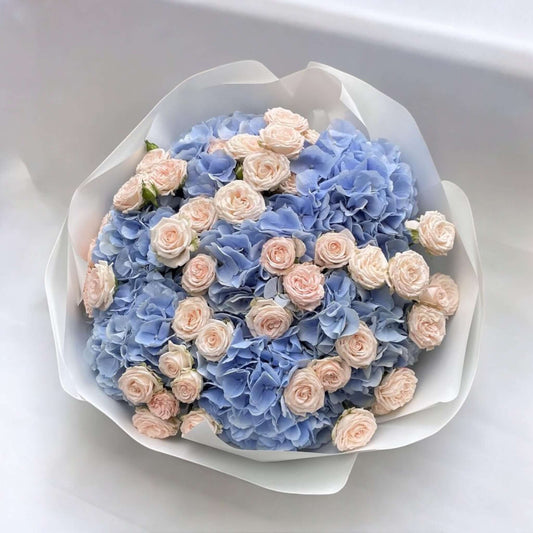 Elegant bouquet of hydrangeas and spray roses for same day delivery in LA
