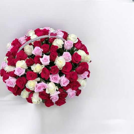 Luxury basket with red, pink and white roses for same day flower delivery near you. Fresh floral arrangement with free shipping today.