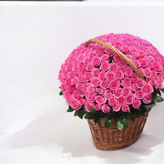 Elegant pink roses in a basket with same day flower delivery in Los Angeles
