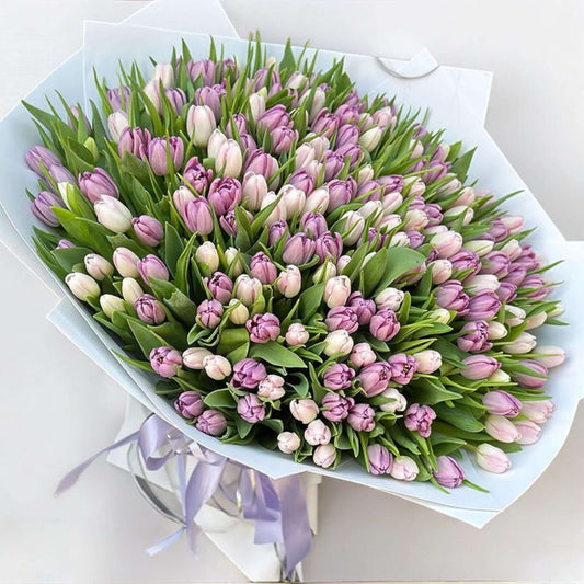 Fresh bouquet of purple and white tulips with flower delivery in Los Angeles