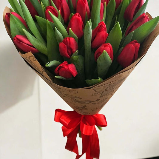 Bouquet of 35 red tulips with same day flower delivery in Los Angeles