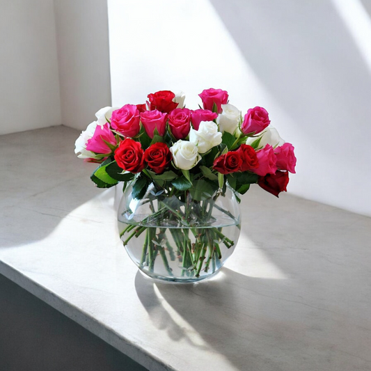 Red and white rose bouquet in vase for same day flower delivery Los Angeles