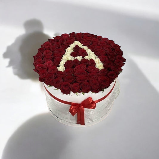 Elegant red and white roses in a luxury box with custom letter, perfect for gifts or romantic surprises – same day flower delivery near me with free USA shipping