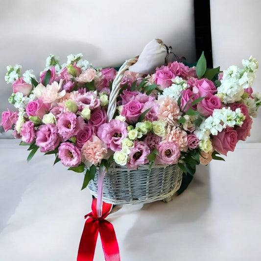 Beautiful basket with roses and carnations, perfect for same day flower delivery, send fresh flowers online today near you with free delivery included