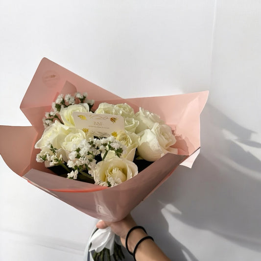 Fresh small white rose bouquet perfect for same day flower delivery. Order online from local florists with free delivery and quick floral service near me.