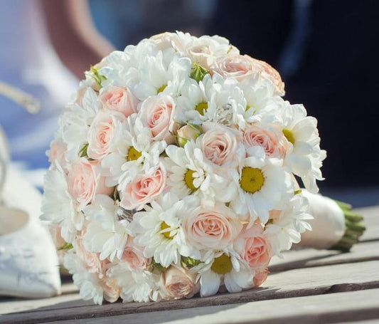 Elegant white rose and daisy wedding bouquet for same day flower delivery in Los Angeles