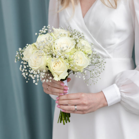 Bridal bouquet with fresh white roses for same day wedding flower delivery in Los Angeles