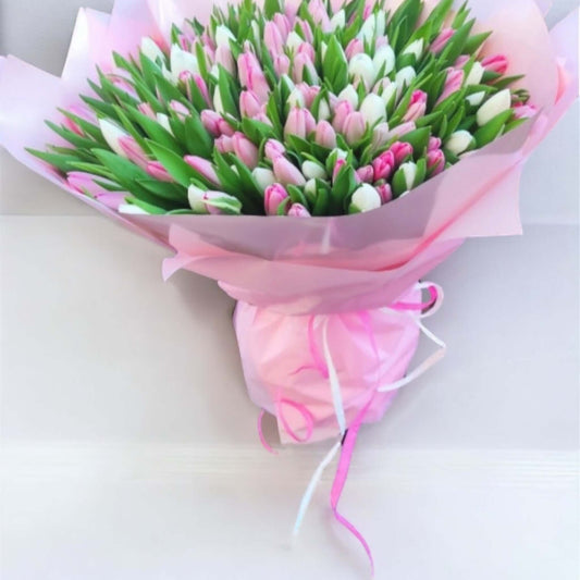 Large bouquet of 150 white and pink tulips with same day flower delivery in Los Angeles