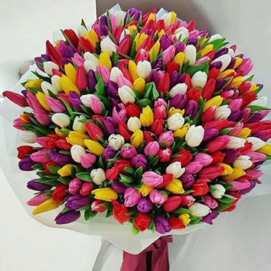 Large bouquet of 80 tulips in yellow red purple and white with free same day flower delivery Los Angeles
