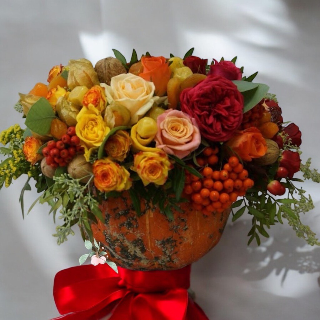 Rose Arrangement in a Pumpkin for Halloween