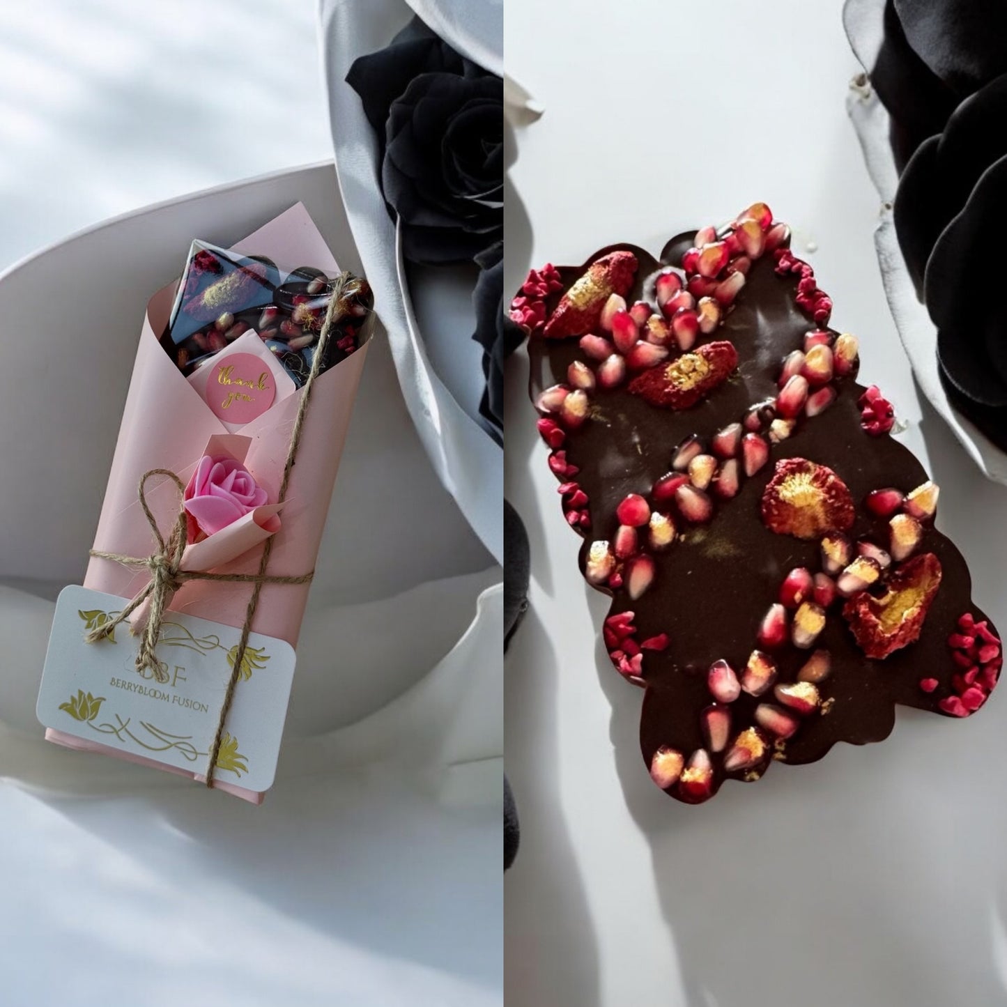 Handmade chocolate with raspberry sprinkle