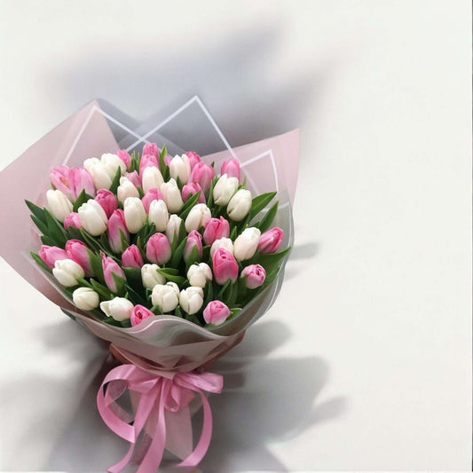 White and pink tulips bouquet with fresh flowers, same day delivery, tulip flower bouquet, tulips and lilies bouquet, order flowers online.